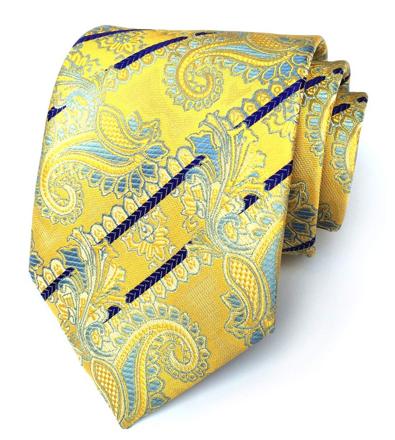 Elfeves Men's Gloden Yellow Tie Yellow Spring Floral Party Wedding Woven Silk Paisley Necktie - Image 1